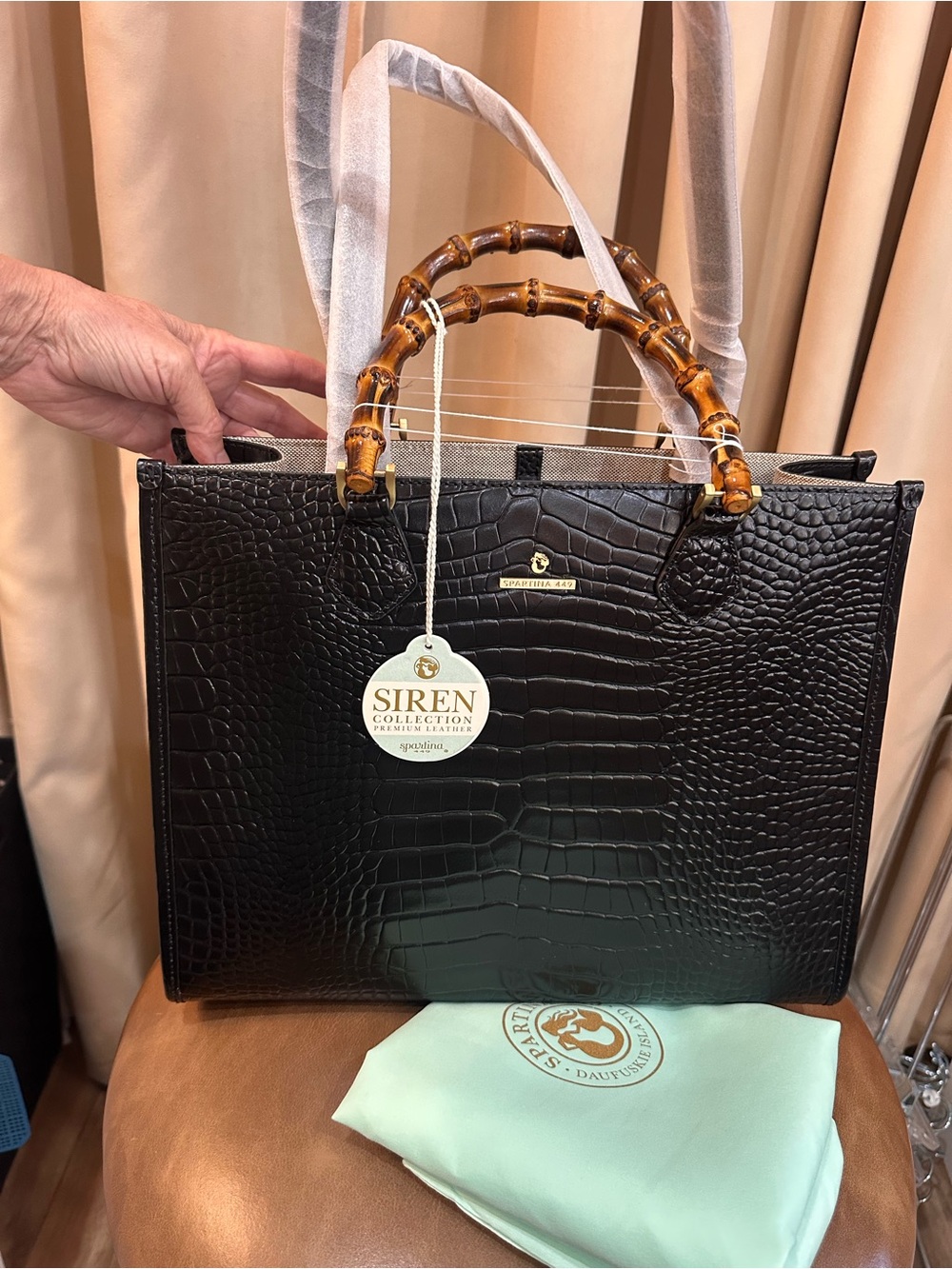 NWT Spartina Croc-Embossed Satchel with Bamboo Handles RETAIL $398
